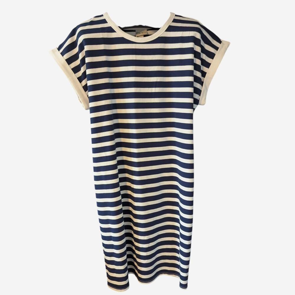 AVA & VIV XXL Navy Blue White Striped Knit Casual Short Sleeve Dress Plus NEW